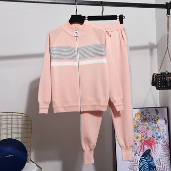 ALPHALMODA 2020 Kontrast Farve Stribet Kvinder Mode strik cardigan sweater + Bukser 2stk Passer til Lyse Silke Strikke Tøj Sæt