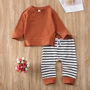 0-24 M Toddler Dreng Tøj sæt Brun Pullover med Lange Ærmer T-Shirt Stribet Lange Bukser 2stk Baby Drenge Efteråret Tøj Sæt