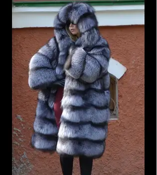 Nyt Mærke Vinteren Ægte, Naturlig Ræv Pels Tyk Silver Fox Kvinders Jakke Med Stor Fox Fur Hood Overtøj Varm Kvinde