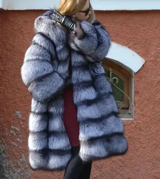 Nyt Mærke Vinteren Ægte, Naturlig Ræv Pels Tyk Silver Fox Kvinders Jakke Med Stor Fox Fur Hood Overtøj Varm Kvinde