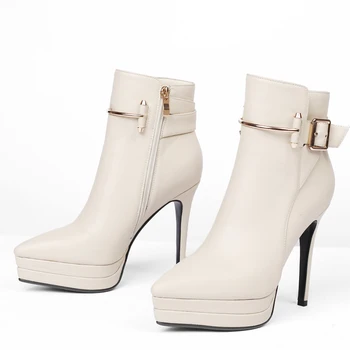 Arden Furtado mode kvinders sko 2019 spids tå stiletter hæle lynlås creme hvid spænde ankel støvler i ægte læder NY
