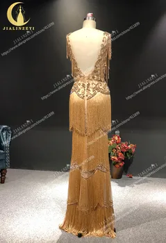 JIALINZEYI Reelle Billede Luksuriøse Guld Krystal Sexy V Hals Kvast Havfrue Formelle Kjoler, Aften Kjole 2019