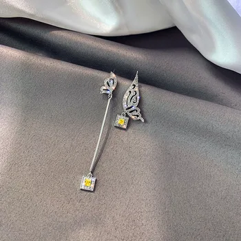 USTAR Butterfly Crystal Drop Øreringe til Kvinder, kvindelige Gul Asymmetrisk Lang Dingle Øreringe Tilbehør Part Smykker Gaver