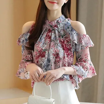 Koreanere Bluse For Kvinder Tøj 2020 Damer Toppe Blomstret Chiffon Flæser Stå Butterfly Ærme Blusas Hule Plus Szie 0325