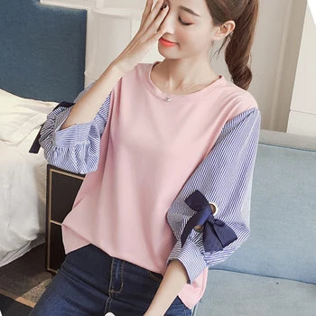 Foråret Efteråret Bomuld Toppe Patchwork Stribet Lanterne Ærmet med Bue Bluse Kvinder koreansk Stil Falske To Stykker Pink Sort Shirts