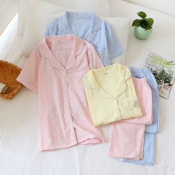 Japansk foråret og sommeren jacquard bomuld gaze kvindelige kort-langærmet bukser hjem passer til ren bomuld farve tynd