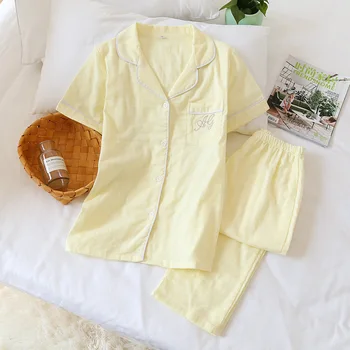 Japansk foråret og sommeren jacquard bomuld gaze kvindelige kort-langærmet bukser hjem passer til ren bomuld farve tynd