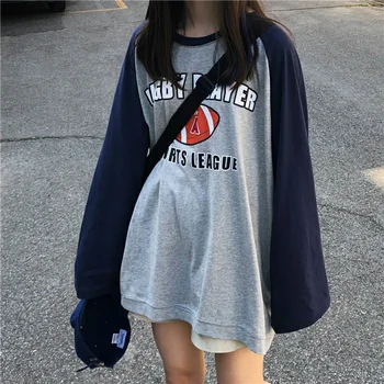 T-shirts Kvinder Brev Trykt Patchwork Alle-match Smarte Tee Trendy Dame langærmet Studerende Sport Fritid Løs koreanske O-Hals