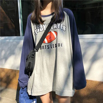 T-shirts Kvinder Brev Trykt Patchwork Alle-match Smarte Tee Trendy Dame langærmet Studerende Sport Fritid Løs koreanske O-Hals