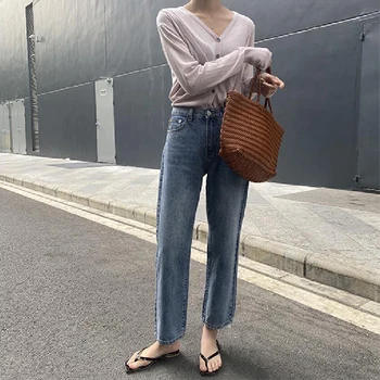 Kvinders jeans, bukser, denim casual solid farve med høj talje jeans straight 1343