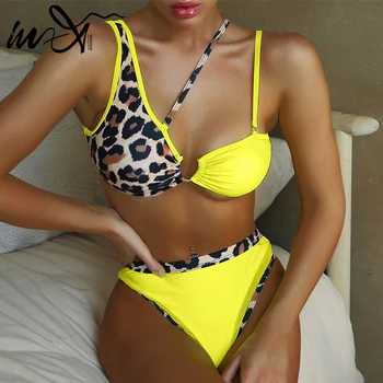I-X Sexet leopard bikini 2020 Mesh ene skulder badedragt kvindelige uregelmæssige badetøj til kvinder af Høj talje bikini badedragt