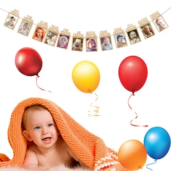 Baby 12 Måneder Fotoramme Banner Børn Først Tillykke Med Fødselsdagen Hængende Garland Dekoration Baby Dreng Pige Et År Gammel, Festartikler
