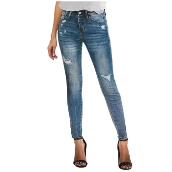 Lange casual Jeans Kvinder Mid talje talje Tynde Blyant Blå Denim Bukser revet hul beskåret slim fit tynde sexet Blyant Bukser