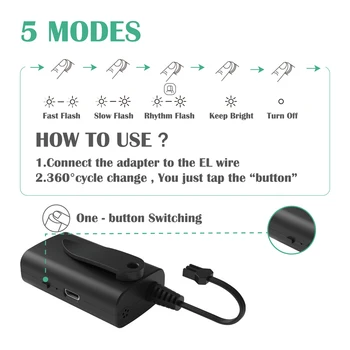 USB-EL Wire Adapter Genopladelige EL Wire Adapter Driver For Neon-Lys 5 Omskiftelige Tilstande