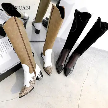 MNIXUAN Kvinde Sko Størrelsen 47 fashion vinter damer, støvler 2019 nye vestlige spids tå snake knæ høje støvler med lynlås plus størrelse 42