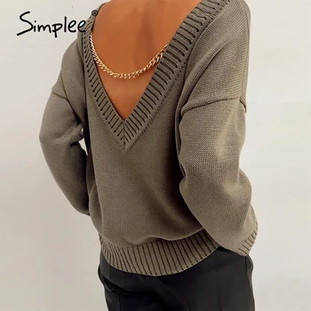 Simplee Sexet solid kæde backless v-hals pullover efteråret Lange ærmer fra skulder sweater kvinder High street pullovere casual