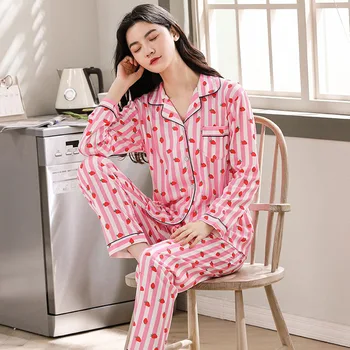 Efteråret Pyjamas for Kvinder Bomuld Stjerne og Måne Print Nattøj Sæt Nuisette Femme Pijama Mujer Hjem Tøj til Kvinder Pyjamas