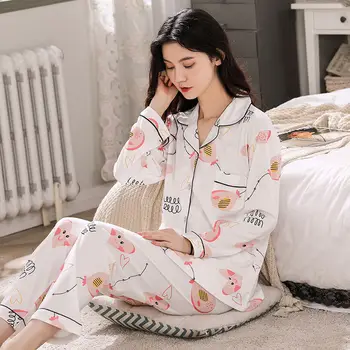 Efteråret Pyjamas for Kvinder Bomuld Stjerne og Måne Print Nattøj Sæt Nuisette Femme Pijama Mujer Hjem Tøj til Kvinder Pyjamas