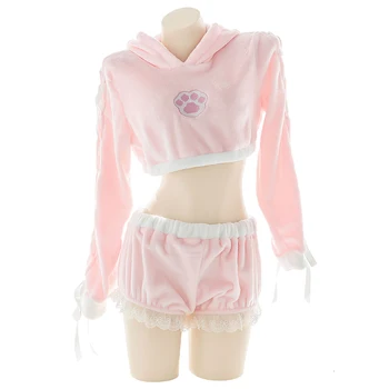 OJBK Sexy Sweater Lolita Ultrashort Hule Hættetrøjer Shorts Kanin Hale Nattøj Top og Trusse Pink Plys Bunny Girl Homewear