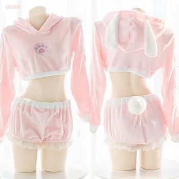 OJBK Sexy Sweater Lolita Ultrashort Hule Hættetrøjer Shorts Kanin Hale Nattøj Top og Trusse Pink Plys Bunny Girl Homewear