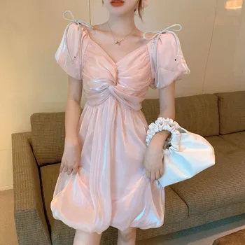 Elegant Fransk Kjole Kvinder Pink Chiffon Blonder Puff Ærmer Fe Kjole Afslappet Sommer Japan Style Vintage Retro Koreanske Kjole 2020