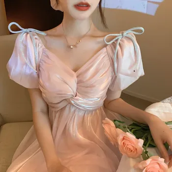 Elegant Fransk Kjole Kvinder Pink Chiffon Blonder Puff Ærmer Fe Kjole Afslappet Sommer Japan Style Vintage Retro Koreanske Kjole 2020