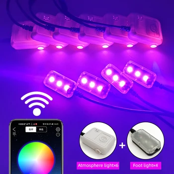 (6+4) RGB-6 Meter Fiber Optic Atmosfære Lamper App Control 64Color INGEN Threading Dekorative Dashboard Døren med Foden Lys