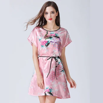 Sommeren Kvinder Nattøj Efterlignet Silke Sove Blomstret Kjole Strip Tunika Homewear Plus Size Nattøj Åndbar Casual Leisure Wear
