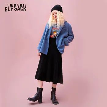 ELFSACK Sort, Fast, Høj Talje Casual Strik Midi-Plisseret Nederdele Kvinder,2020 Efteråret ELF Vintage Ren koreanske Damer Daglige Bunden