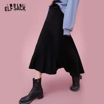 ELFSACK Sort, Fast, Høj Talje Casual Strik Midi-Plisseret Nederdele Kvinder,2020 Efteråret ELF Vintage Ren koreanske Damer Daglige Bunden
