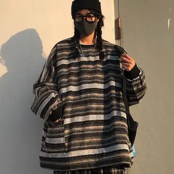 Pullovere Kvinder Oversize Unisex Par Japansk Stribet Strik Sweater Hip Hop Kvindelige Nye Vinter Mode Retro Dagligt