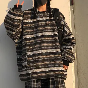 Pullovere Kvinder Oversize Unisex Par Japansk Stribet Strik Sweater Hip Hop Kvindelige Nye Vinter Mode Retro Dagligt