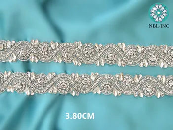 (5 m) Engros brude-beaded syning sølv krystal rhinestone applikationer trim jern på til bryllup kjole satin bælte WDD0272