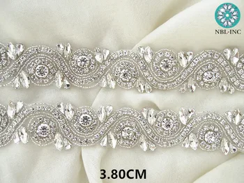 (5 m) Engros brude-beaded syning sølv krystal rhinestone applikationer trim jern på til bryllup kjole satin bælte WDD0272