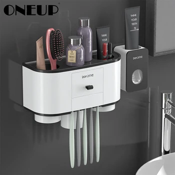 ONEUP tandbørsteholder Automatisk Tandpasta Dispenser Squeezer vægbeslag Badeværelse Storage Rack Hjem Badeværelse Tilbehør Sæt