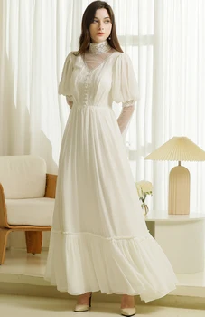 Victoriansk Høj Hals Chiffon En Linje Brudepige Kjole Pearl Ankel Længde Langærmet Lace Plus Size Plisserede Brudekjole #4072