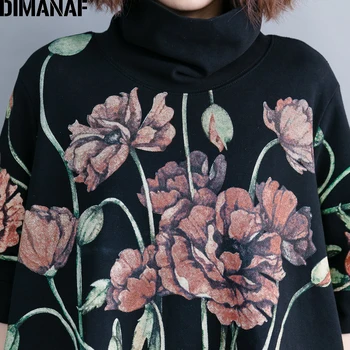 DIMANAF Kvinder Hættetrøjer Sweatshirts Plus Size Toppe Sort Kvindelige Rullekrave Pullover Efteråret Thinken Bomuld Løs 2019 Blomstret Print