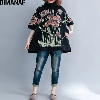 DIMANAF Kvinder Hættetrøjer Sweatshirts Plus Size Toppe Sort Kvindelige Rullekrave Pullover Efteråret Thinken Bomuld Løs 2019 Blomstret Print