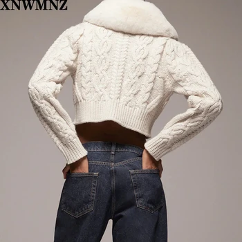 XNWMNZ Za Kvinder 2020 Mode kontrast strik imiteret pels jakke revers krave Vintage Cardigan med Lange Ærmer Kvindelige Overtøj Smarte Toppe 143