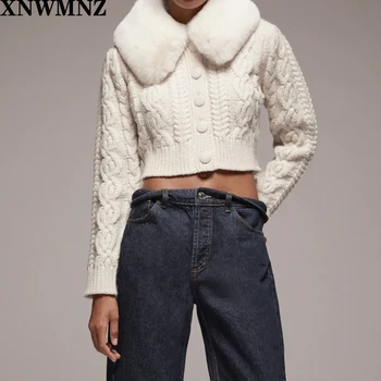 XNWMNZ Za Kvinder 2020 Mode kontrast strik imiteret pels jakke revers krave Vintage Cardigan med Lange Ærmer Kvindelige Overtøj Smarte Toppe