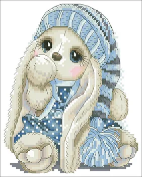 En kanin i en blå hat cross stitch pakke cartoon animal 18kt 14 ct 11ct klud, bomuld tråd broderi DIY håndlavet håndarbejde