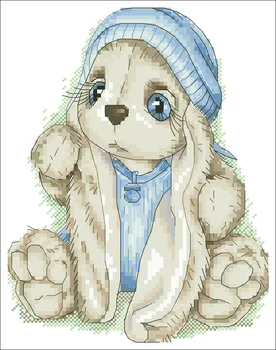 En kanin i en blå hat cross stitch pakke cartoon animal 18kt 14 ct 11ct klud, bomuld tråd broderi DIY håndlavet håndarbejde