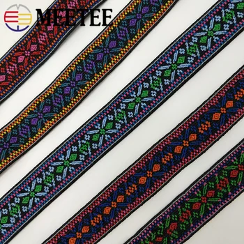 Meetee 5/10M 25mm National Stil Jacquard Elastik Polyester, Gummi Foråret Webbing Belt Strækning Band Sy Tøj Materiale