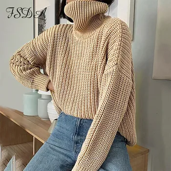 FSDA Mode 2020 Khaki Kvinder Turtleneck Sweater med Lange Ærmer Casual Strikket Pullover Løs Efterår og Vinter Overdimensionerede Jumper