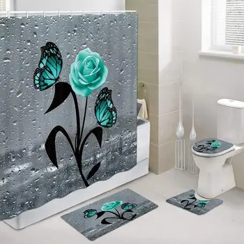 Grøn Butterfly Dekorative Vandtæt Print Badeforhæng 4 Stykke Tæppe, Der Dækker Toilet Dække Bademåtte Pad Badeværelse Gardin Sæt 14391