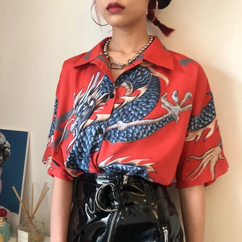 Kvinders blødt stof dragon mønster trykt shirt kvindelige mode sommerferie Harajuku skjorte cool toppe wq1394 dropship