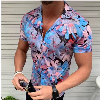 2020 Nye Mænd er Blomstret Skjorte kortærmet Casual Skjorte Mode Steg Blomst Trykt V-hals Krave Slim Fit Skjorte Til Herre Clothin
