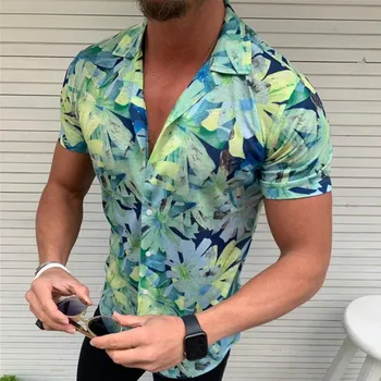 2020 Nye Mænd er Blomstret Skjorte kortærmet Casual Skjorte Mode Steg Blomst Trykt V-hals Krave Slim Fit Skjorte Til Herre Clothin
