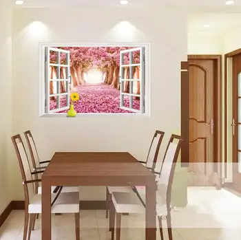 3D Falske Vindue Wall Sticker Sakura Lavendel Blomst Natur Decal Vinyl Kunst Vægmaleri Flytbare Stue Home Decor