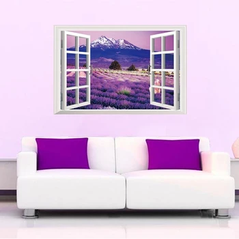 3D Falske Vindue Wall Sticker Sakura Lavendel Blomst Natur Decal Vinyl Kunst Vægmaleri Flytbare Stue Home Decor